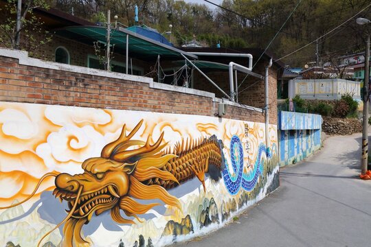 JEONJU, SOUTH KOREA - APRIL 4, 2023: Street view of public area in Jaman Mural Village in Jeonju city.