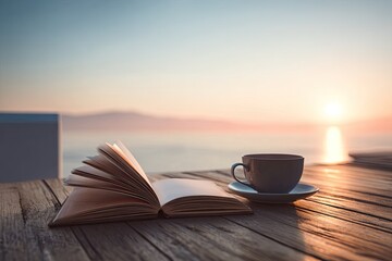 Open Book And Coffee Cup At Sunrise Over Ocean