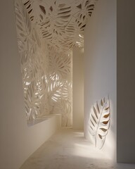 Modern White Interior Corridor With Laser Cut Leaf Patterns