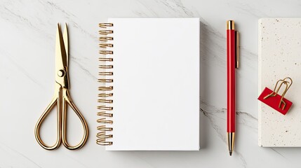 Gold Scissors Red Pen Empty Notebook On Marble Surface