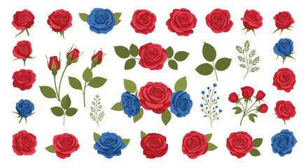 Comprehensive grid of red and blue rose flowers, buds, and arrangements with green leaves for diverse floral design and decoration.