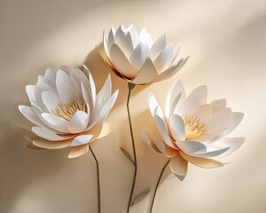 Elegant Three Paper Lotus Flowers On Beige Background
