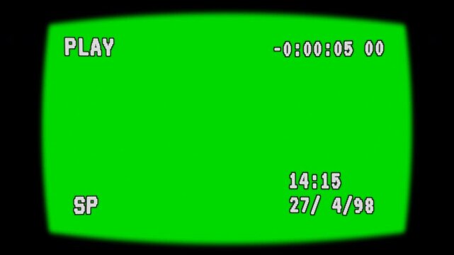 Designed for video editing, this retro camcorder overlay on a green screen features "PLAY" text, a running counter, and a vintage April 27, 1998 timestamp that advances from 14:15 to 14:16