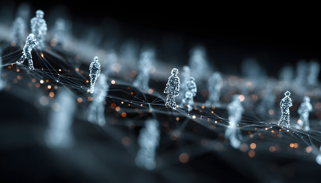 Digital illustration of cybersecurity network. Blue glowing icons of people, lock, data centers connect in mesh. Focus on resilient state security, critical infrastructure protection, public safety