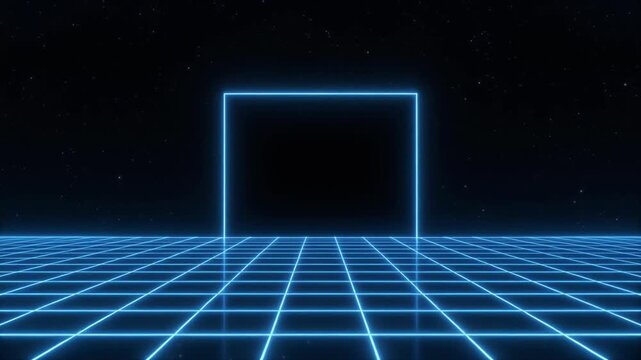 Futuristic neon grid floor with glowing blue lines and a rectangular portal in the distance, set against a starry night sky background, often used in technology or music visual effects