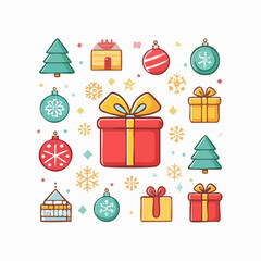 Vector Christmas icons set, cute flat style, snowflakes, ornaments, gifts, clean outlines