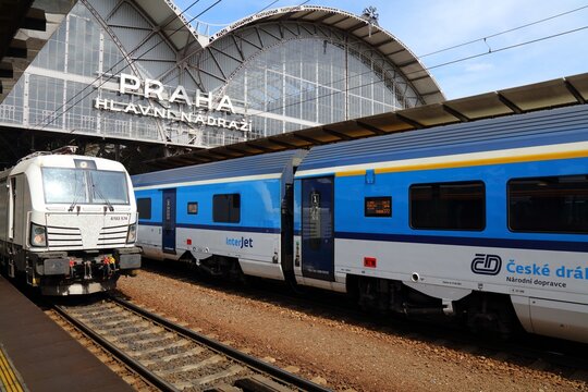 PRAGUE, CZECH REPUBLIC - MAY 1, 2024: Ceske Drahy CD passenger train at Prague Station (Praha Hlavni Nadrazi), Czech Republic. Ceske Drahy is the main national train operator.