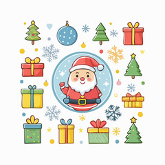 Vector Christmas icons set, cute flat style, snowflakes, ornaments, gifts, clean outlines