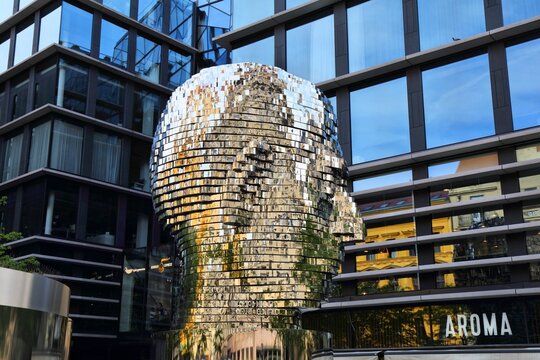 PRAGUE, CZECH REPUBLIC - MAY 1, 2024: Franz Kafka Rotating Head public space monument by David Cerny in New Town (Nove Mesto) district of Prague.