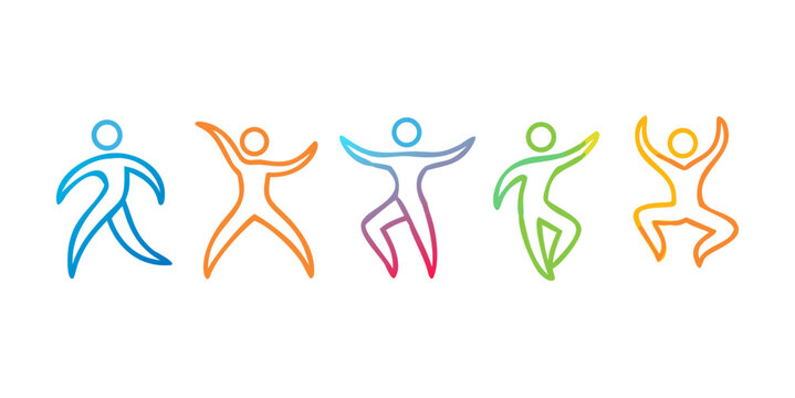 Vector set human body logos, people shapes, linear colorful stylezid figures. Use for fitness, wellness, sport competitions, other activities identity. Healthy lifestyle, dancing icons .vector