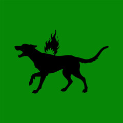 Naklejka premium A silhouette of a dog or wolf with flames on its back green background