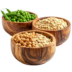 Fototapeta premium Three wooden bowls overflowing with fresh produce peas, oats, green beans, and chickpeas
