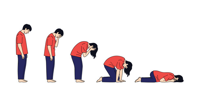 Sequence of five character poses showing a person in a red shirt bowing from a standing position down to the ground.