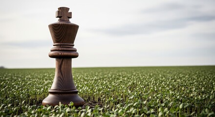 Wooden Chess Piece King Stands Alone in Green Field Under Overcast Sky