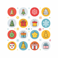 Vector Christmas icons set, cute flat style, snowflakes, ornaments, gifts, clean outlines