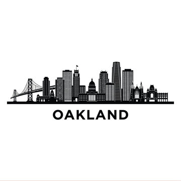 Oakland skyline silhouette with bridge and city buildings illustrated