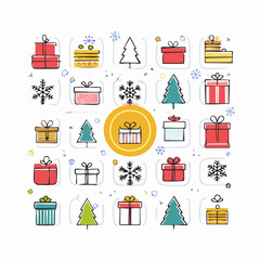 Vector Christmas icons set, cute flat style, snowflakes, ornaments, gifts, clean outlines