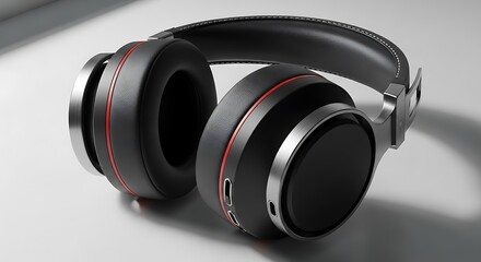 Black Headphones with Red Accents on White Surface.