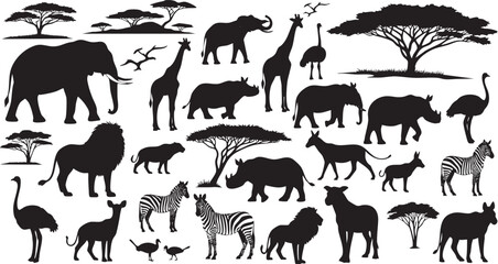 Fototapeta premium Black silhouettes of various african animals and trees on white background savanna
