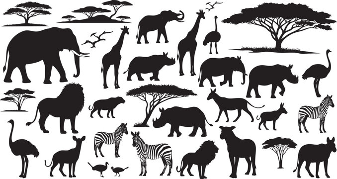 Black silhouettes of various african animals and trees on white background savanna