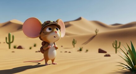Cartoon Mouse in Desert Landscape Scene.