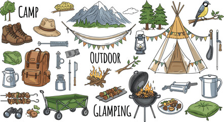Camping And Glamping Outdoor Vector Illustration Set With Tent Grill Backpack Lantern Cooking Gear And Nature Elements © MstLinaAkter