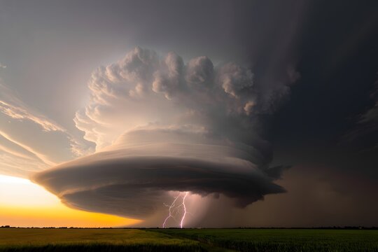 Epic Supercell Storm Cloud Structure Lightning Strike Sunset