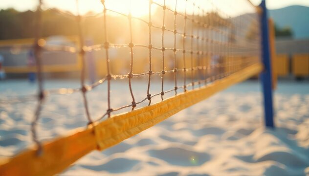 A close-up shot of a volleyball net, taut and ready for a game, with sunlight illuminating the strings  The sand is visible below, suggesting a beach volleyball court ,  concentration,  sport