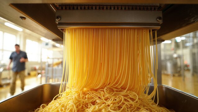 Fresh spaghetti strands are being extruded from a pasta machine in a factory setting. Food production and manufacturing process.