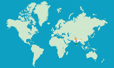 Obraz premium Indian flag placed over India on world map symbolizing tourism, travel, national pride, and global presence. Concept of Indian culture, international relations, geography, and patriotic identity.