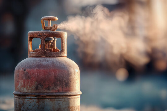 Leak Gas Emanating from Rusty Cylinder in Industrial Setting with Atmospheric