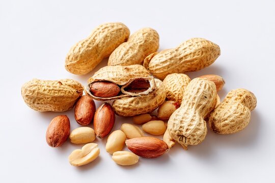 Collection of peanuts in shells and shelled kernels on a clean white background