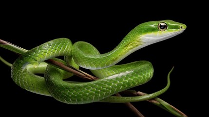 Fototapeta premium Green Snake Coiled on Branch Against Black Background in Close-Up