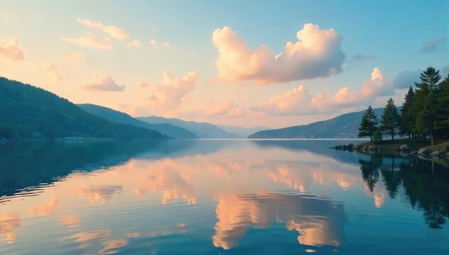 A peaceful scene depicting a tranquil lake reflecting a serene sky; perfect for concepts of rest, relaxation, and loyalty, suggesting steadfastness and unwavering commitment , unruffled, steadfast