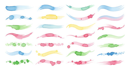 A diverse collection of soft watercolor brush strokes and artistic paint swatches, featuring vibrant pastel hues perfect for creative design projects and decorative backgrounds