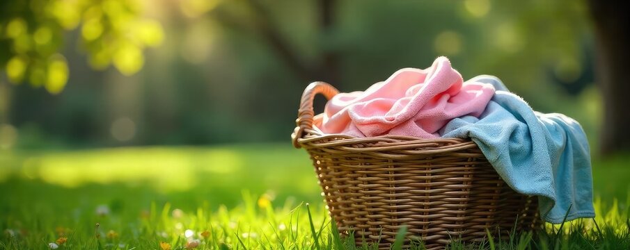 A rustic woven laundry basket overflowing with freshly laundered clothes, ready to be hung on a clothesline Perfect for spring, summer, and outdoor laundry scenes , bohemian, textiles