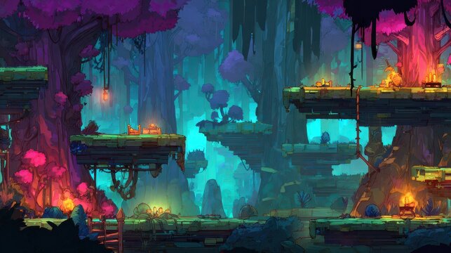 Colorful side-scrolling platformer level design in a vibrant digital illustration
