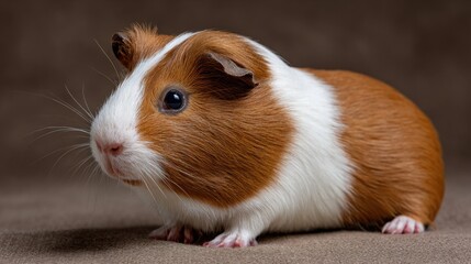 Adorable brown and white guinea pig sitting on a soft surface
