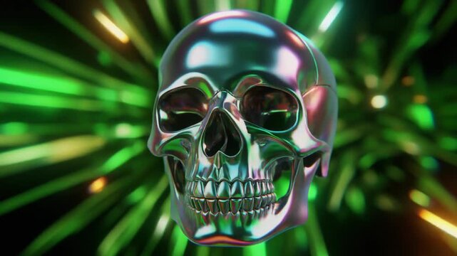 Metallic skull with holographic effect smiling at camera on green background with light explosion, for design or advertising use