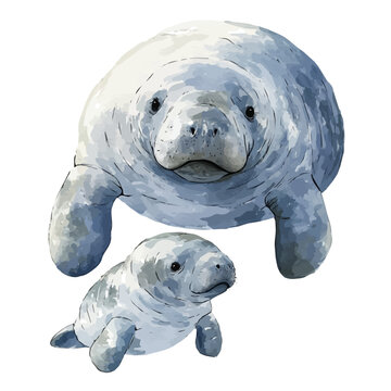 watercolor graphic of A Mother Manatee With Her Kid, isolated on a white background.