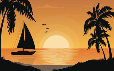 Beautiful beach sunset with palm trees and shore. Sailing yacht floating on calm sea in warm orange tones. Tropical evening vector illustration perfect for travel, vacation, and relaxation themes © leskovets