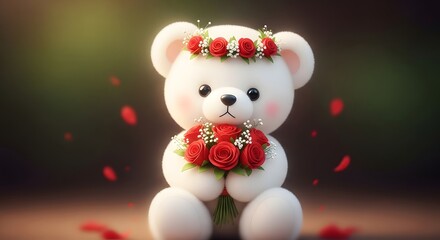 Valentine's day love bird background with adorable white teddy bear holding red roses