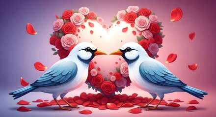 Valentine's day love birds in heart shaped floral background with rose petals