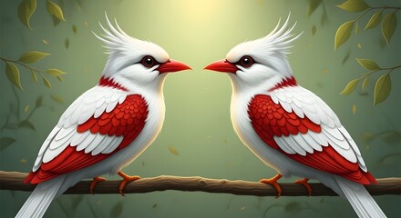 Valentine's day love birds on branch background romantic cardinals in nature red and white birds in love on a tree limb
