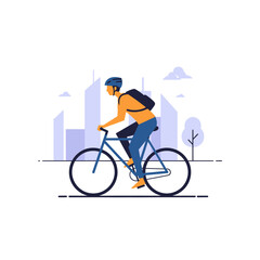 Fototapeta premium Biker in Modern Cityscape, Illustration, Daytime, Dynamic Viewpoint