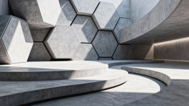 Concrete Hexagonal Structure with Curved Stairs Interior