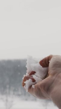 Hand holds a clump of fresh white snow before crushing it and letting it fall against a blurred forest background. Concept of tactile winter experiences, cold weather, and enjoying nature.