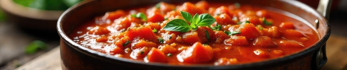 Rich, vibrant beef tomato sauce simmering in a rustic pot, ready to be served Perfect for pasta, pizza, or as a hearty base for other dishes , simmering, kitchen, beef broth