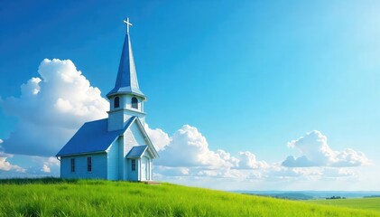 Serene blue church steeple against a vibrant summer sky, fluffy clouds drift lazily overhead  Peaceful pastoral scene, perfect for faith, hope, tranquility, and spiritual themes  ,  hope,  building