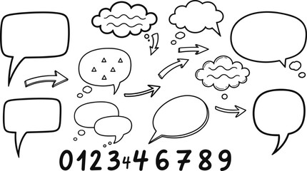 Hand Drawn Speech Bubbles And Thought Balloons With Arrows And Numbers Doodle Style Vector Set